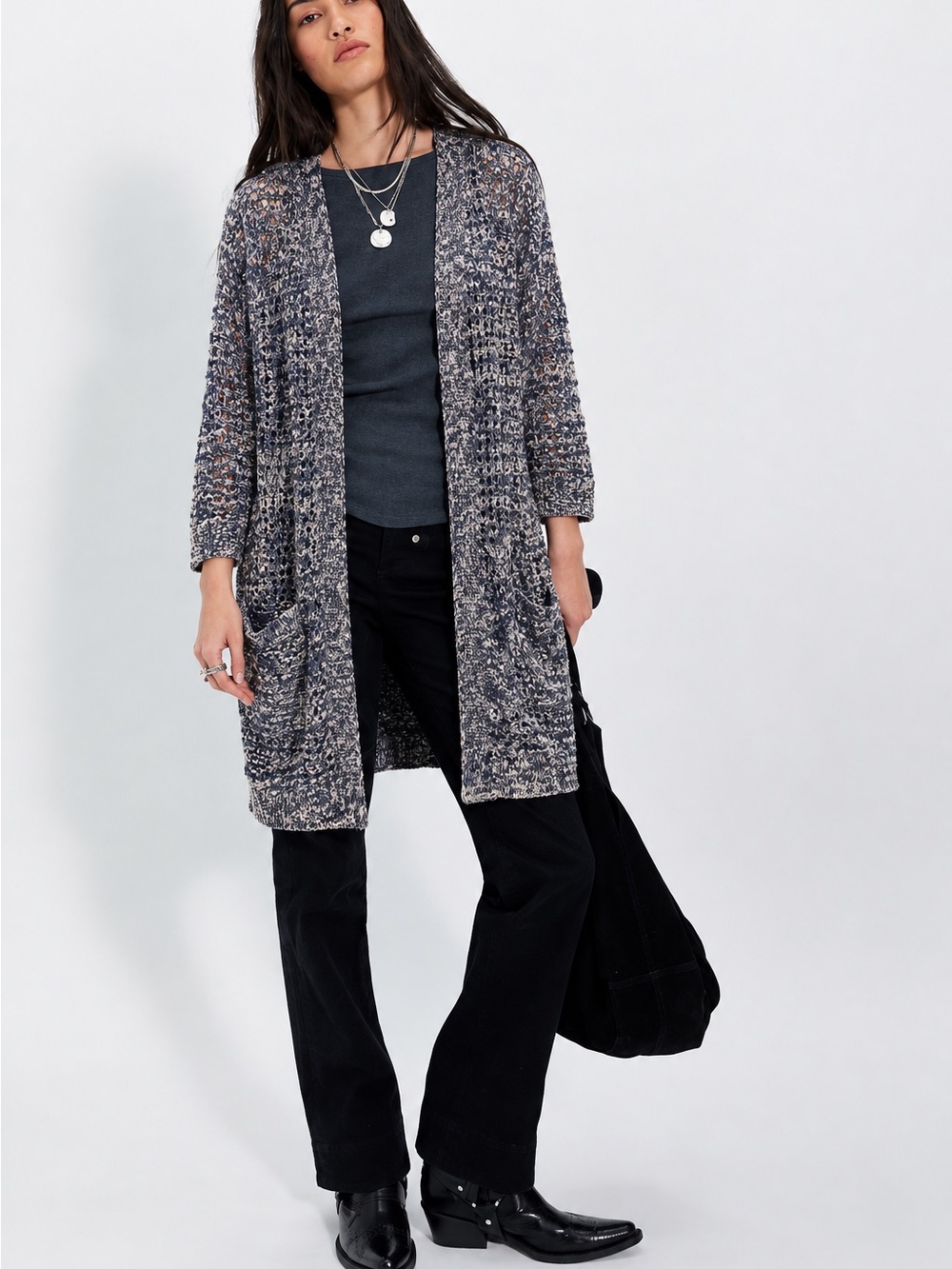 234. Open-Front Marled Long Cardigan Sweater - Gray
